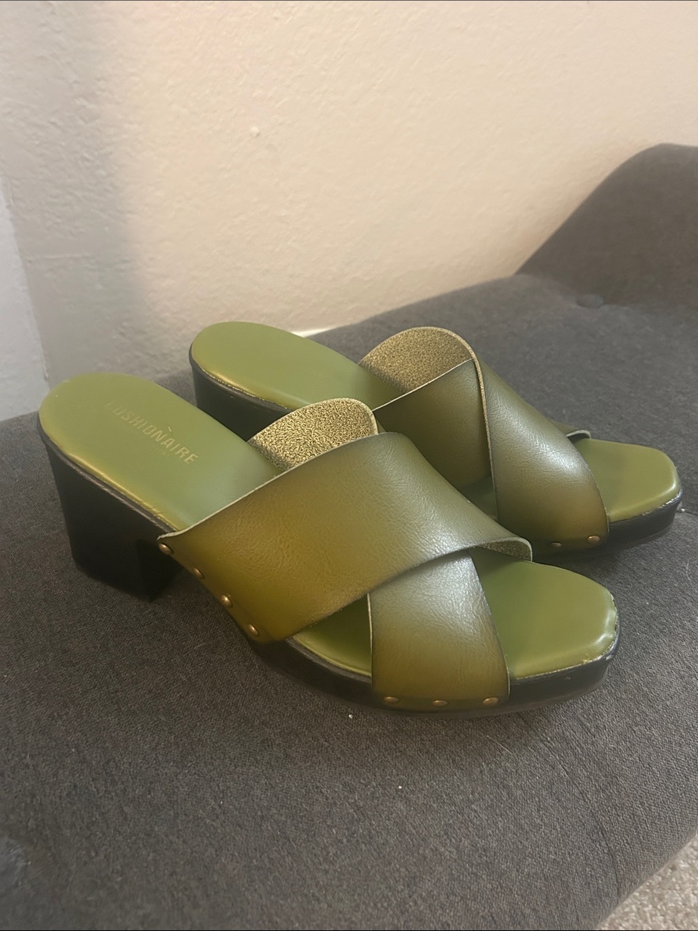 Olive Green Women's Cross-Band Block Heel Slide Sandals